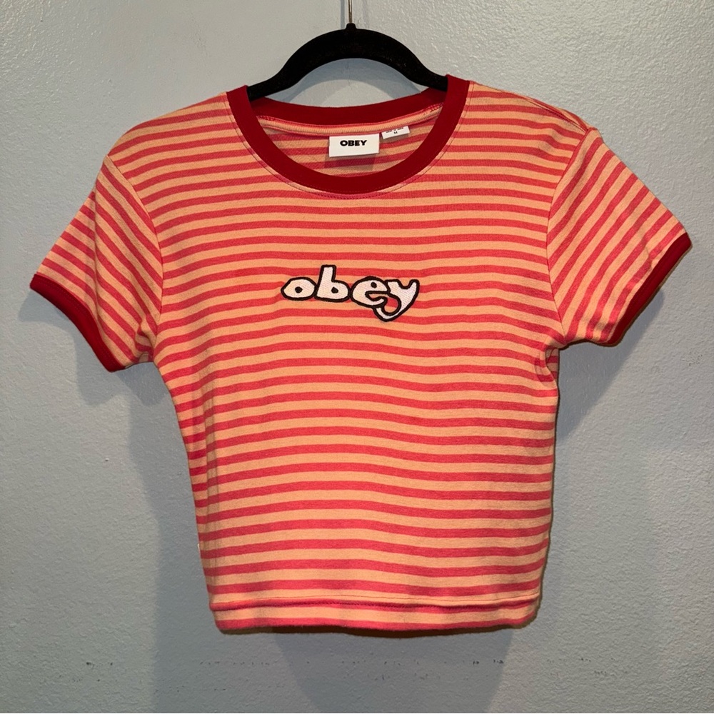 Obey Woman Zoe baby ringer t-shirt - pink punch multi size medium